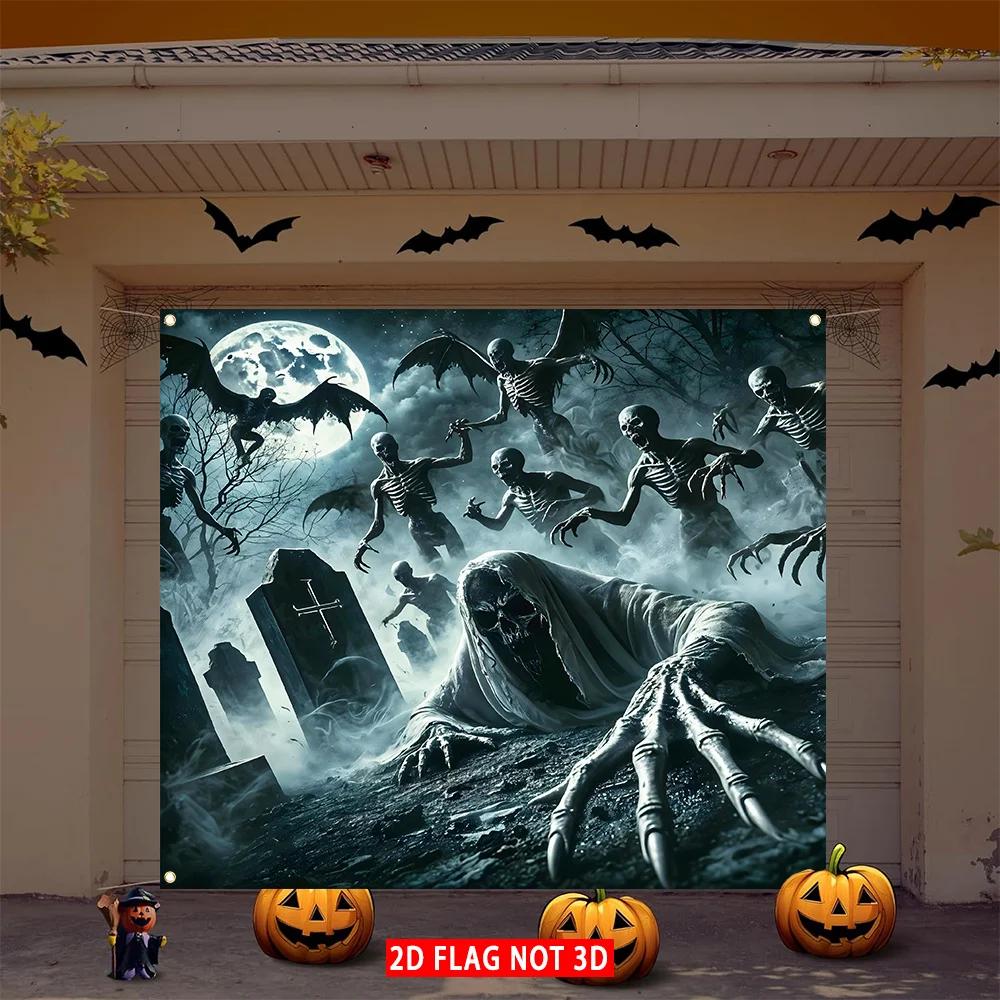 [2D FLAG NOT 3D] 1 Piece, a Terrifying Halloween Garage Door Cover Flag.zyc