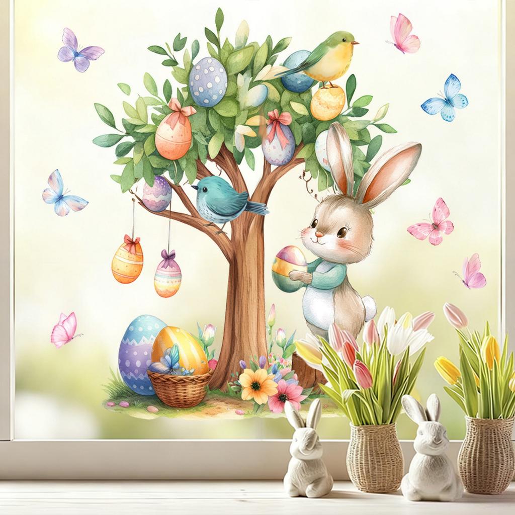 2 Sheets Easter Bunny Window Clings Cartoon Egg Stickers Cute Decoration For Home Classroom Nursery Shop Glass Display Decorations