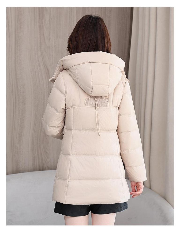 Women's Mid-Length Hooded Lace Pocket Down Jacket - 2025 Winter Slim Fit White Duck Down Coat
