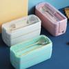 Double-Layer Wheat Straw Lunch Box With Fork And Spoon Microwave Safe Portable Lunch Box For Office Workers And Students