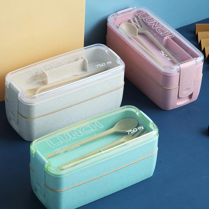 Double-Layer Wheat Straw Lunch Box With Fork And Spoon Microwave Safe Portable Lunch Box For Office Workers And Students