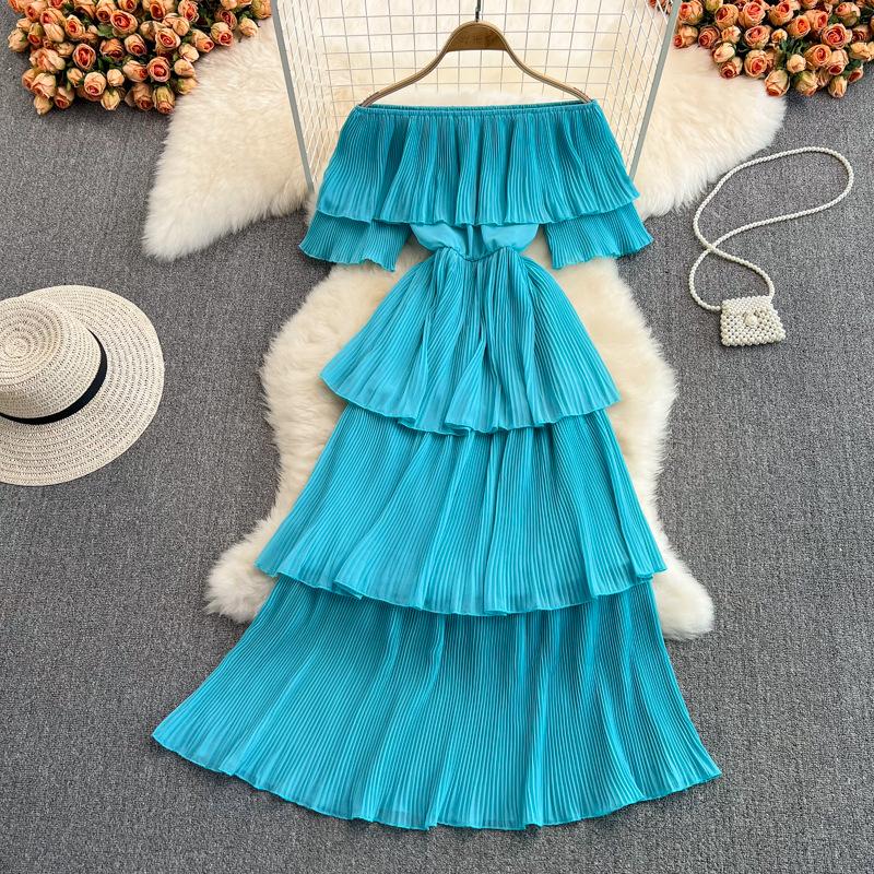 Women Hotsweet Chiffon Sundress Strap Cake Backless Sheath Bodycon Long Dress Vacation Retro Elastic Beach Dress