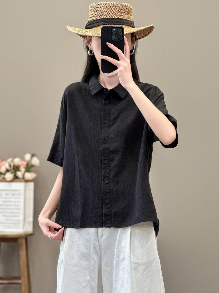 Women's Retro-Style Cotton & Linen Five-Sleeve Lapel Shirt for Spring/Summer