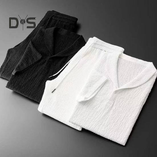 2 ks/sada Muži letní oblečení pro volný čas klopa tričko s krátkým rukávem elastická šňůrka v pase dlouhé kalhoty sada sportovního oblečení tepláková souprava jogger