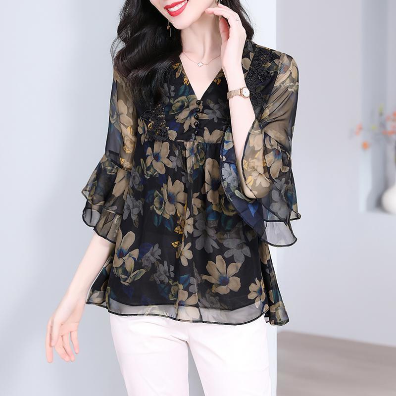

Flowers Shirt Women s Clothing Chic Lace Patchwork Elegant V-Neck Summer Ruffles Half Sleeve Casual Loose Blouse 4XL