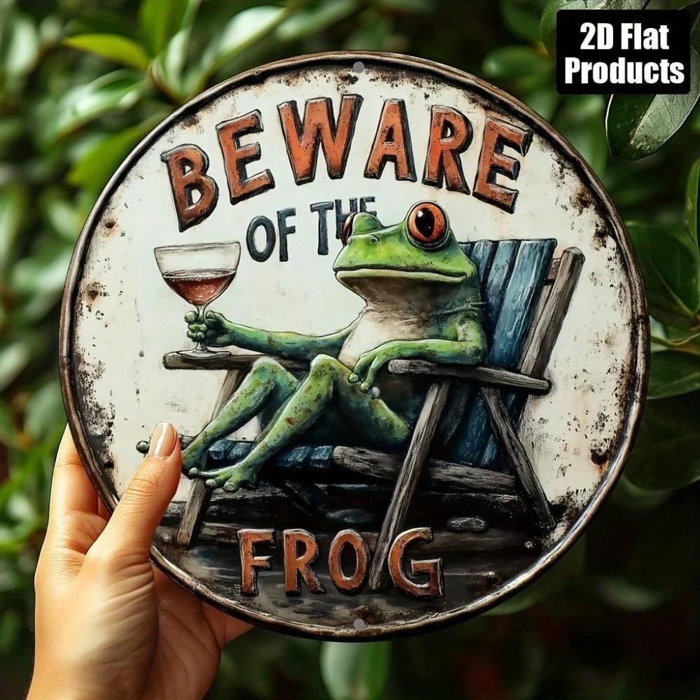 2D Flat Metal Wall Art Frog Sign, 8 Inch Round Aluminum Plaque for Home Decor Kitchen Bar, Unique Funny Gift