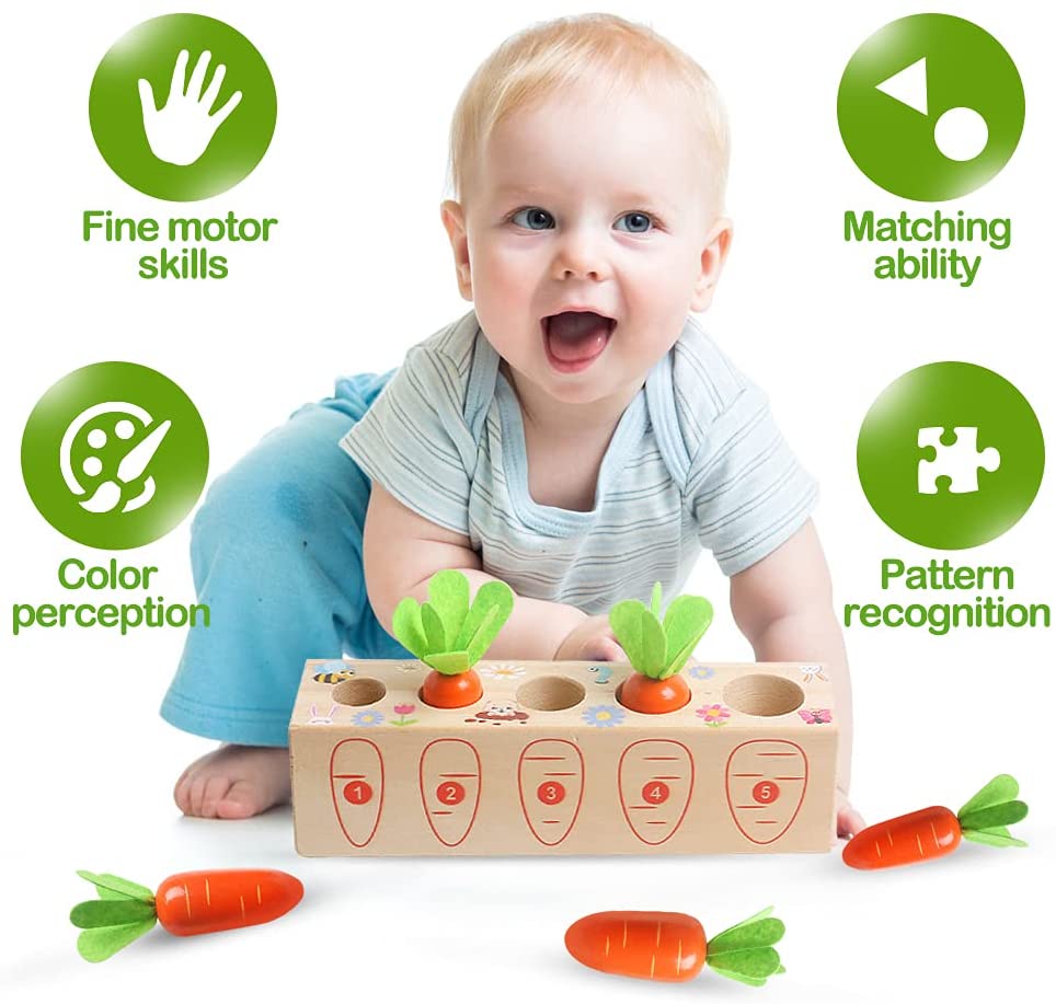 Toys Educational Montessori Wooden for 1 2 3 Years Toddlers Size Sorting Counting Puzzle Carrot Harvest Game Toy Kids Boys Girls