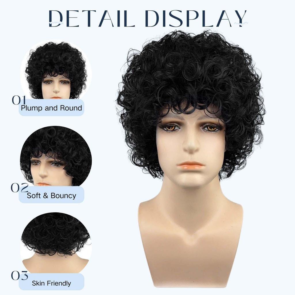 Black Short Curly Hair Perm Wig, Men's Small Roll African Style Wig, Suitable for Daily Wear and Role-playing