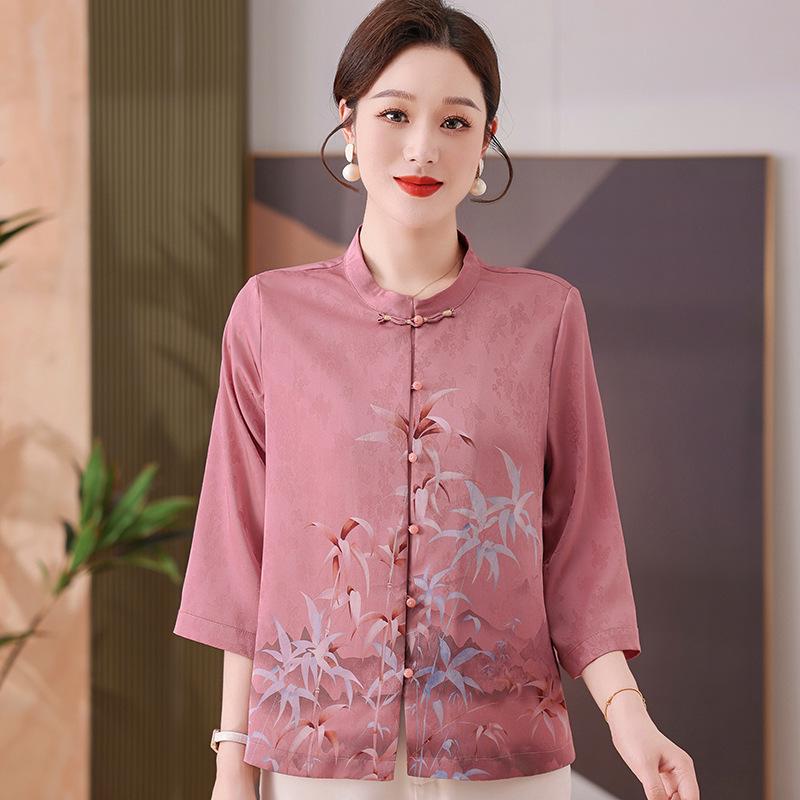 

Mom s 2026 Summer Chiffon Top: Elegant Chinese-Style Shirt for Middle-Aged Women XL (100-110 lbs) розовый