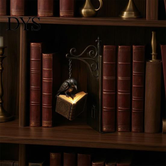 Luminous Pendant Desk Lamp Gothic Metal Bookends with Hanging Light, Cat Raven Ghost Decorative Retro Wrought Iron Book Ends Bookshelf Lamp,