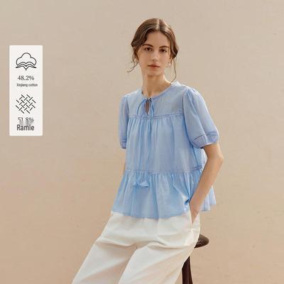 INMAN French Lace Linen Blend Short Sleeve Blouse