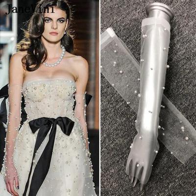 JaneVini Elegant 50CM Long Bridal Gloves Sheer Tulle Ivory Pearls Fingerless Arm Sleeves Wedding Gloves for Bride Guantes Largos