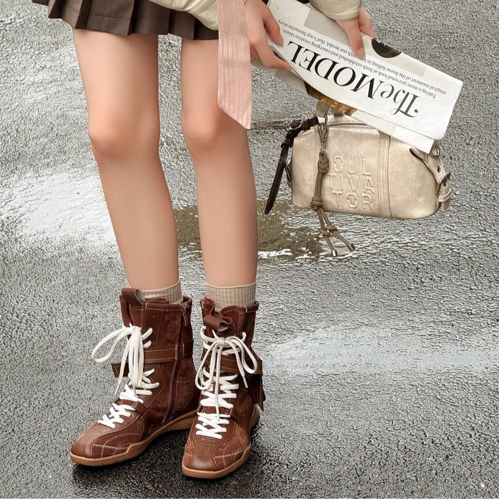 Retro leather boxing boots women's summer 2025 new British style Martin boots thick-soled German training boots medium boots