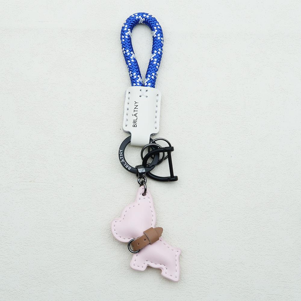 Handmade French Bulldog Genuine Leather Keychain with Anti-Lost Woven Rope Lanyard.