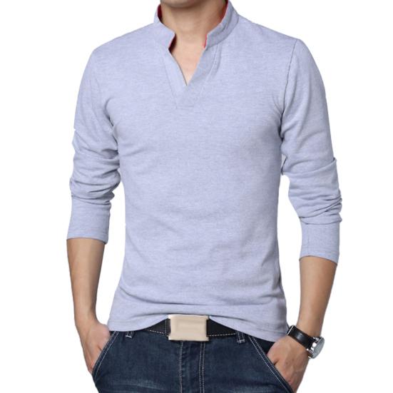 Solid Color Men Plus Size Stand Collar V Neck Long Sleeve T-Shirt Slim Fit Top