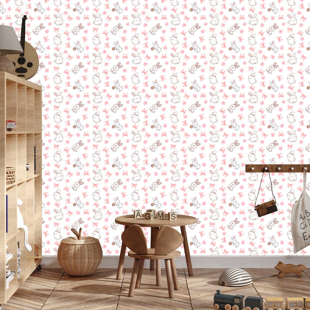 Rabbits Wallpaper In White, Coral and Light Gray for Living Room and Bedroom 50x1000