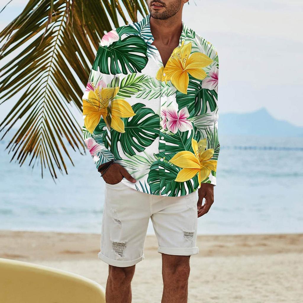Men's Fashion Long Sleeve Printed Casual T Shirt Button Regular Fit Shirt Top