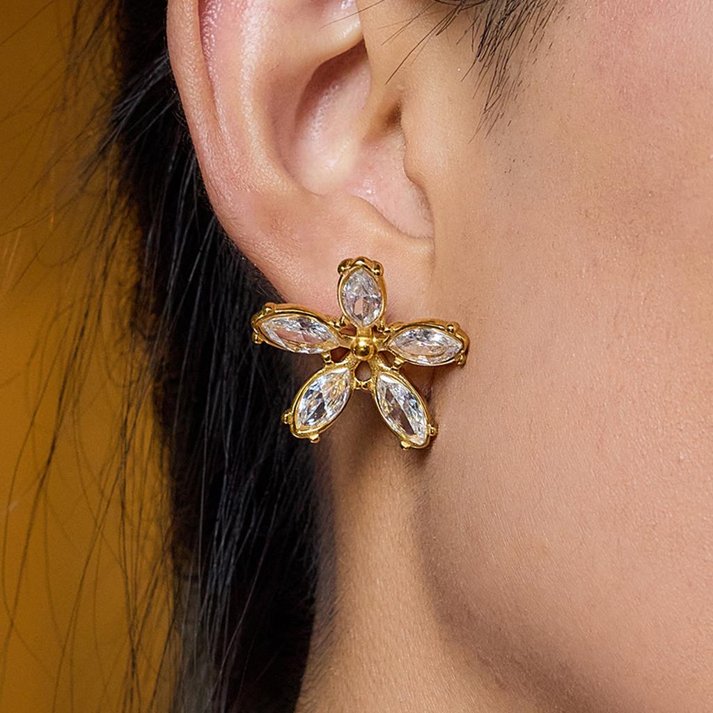 European and American stainless steel zircon stud earrings flower earrings popular titanium steel niche
