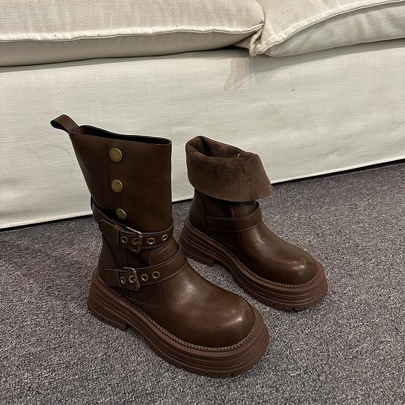 

Brown retro thick-heeled thick-soled Martin boots women s 2025 autumn new British style thin and heightened short boots 39 коричневий