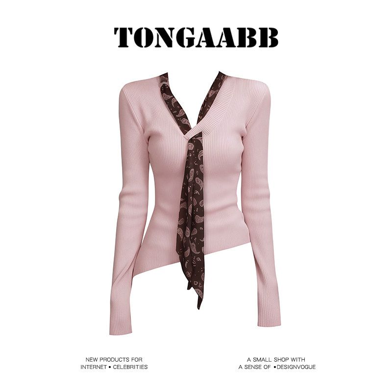 

Tongaabb Lola Sweater Korean Style Elegant Polka Dot Pink Ribbon V-Neck Sweater Women s Spring Knitwear Top Pink (with Silk Scarf) S