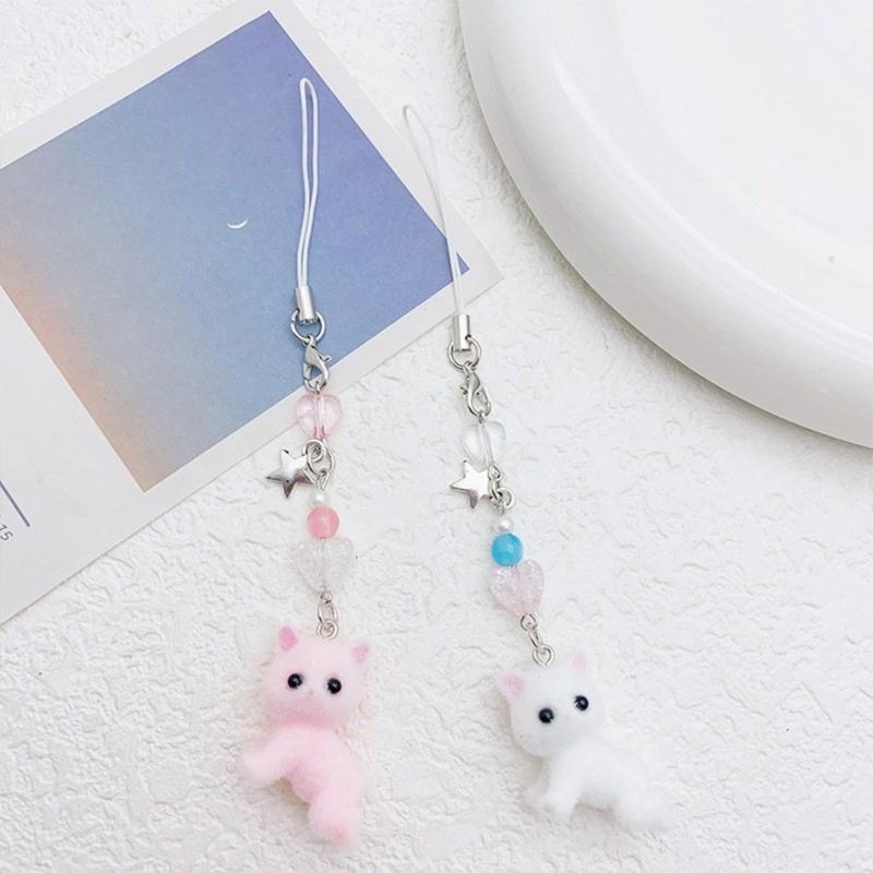 Sweet Phone Chain Strap Lanyard Flocking Cat Bead Pendant Phone Charm Hanging Decoration Cute Phone Accessories
