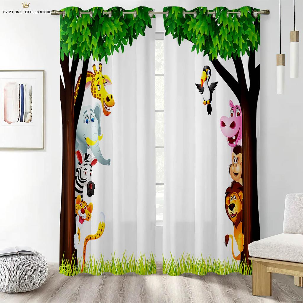 Cartoon Animal Forest Print Curtains For Children's Room Living Room Study Kitchen Decorative Curtains Easy To Wash And Care