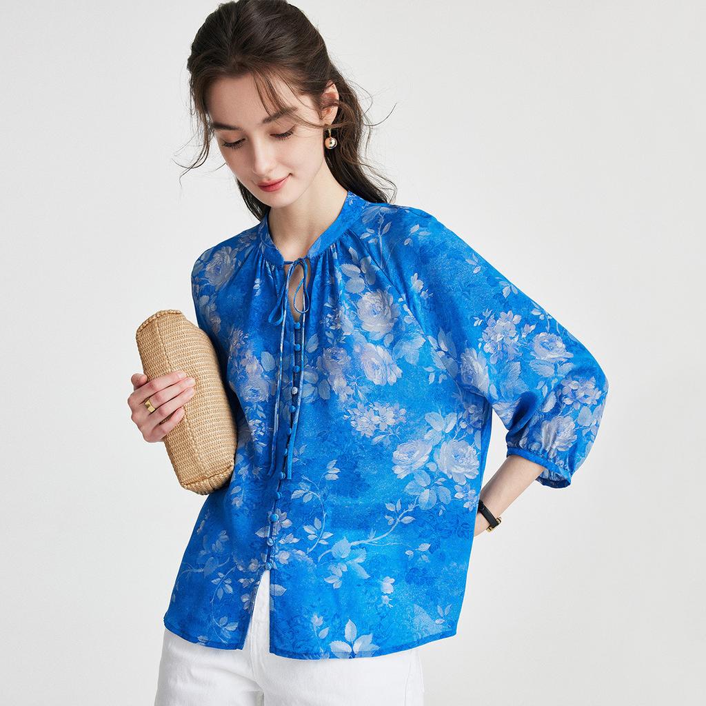 14 MM Double Crepe 100% Mulberry Silk Strap Collar Vintage Printed Silk Shirt for Women