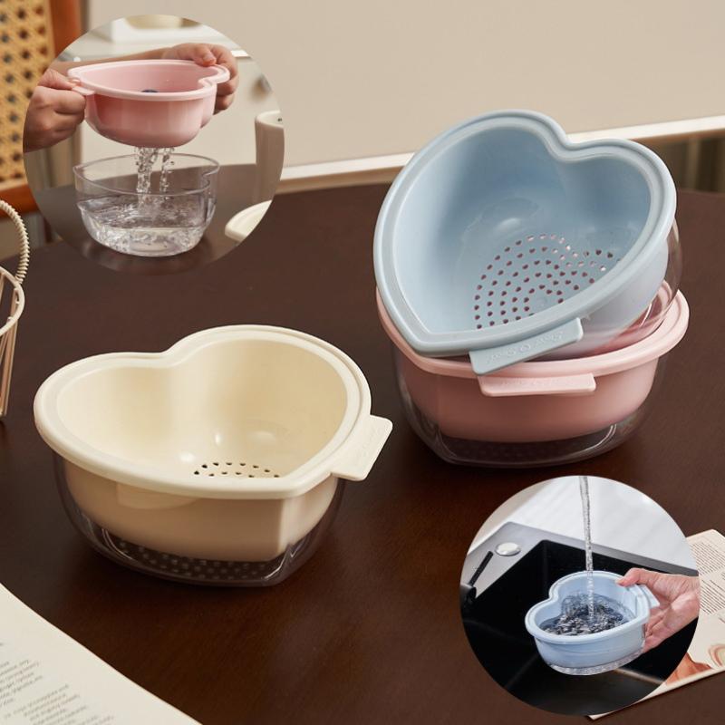 Heart-Shaped Fruit Drain Basket Cute Cartoon Kitchen Drain Basket Household Vegetable Washing Basin Storage Basket