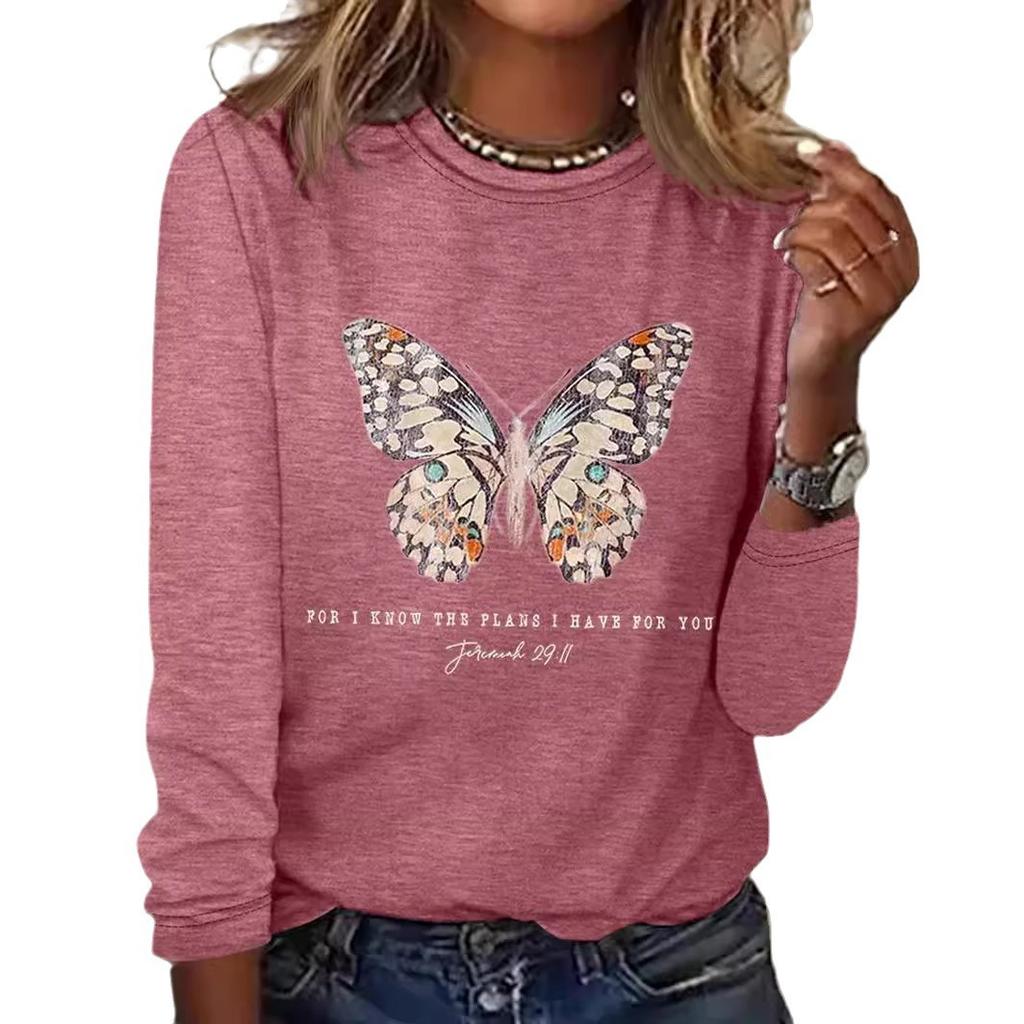 Round Neck 3D Printed Butterfly Pattern Top Fashionable Casual Long Sleeved Women's T-shirts