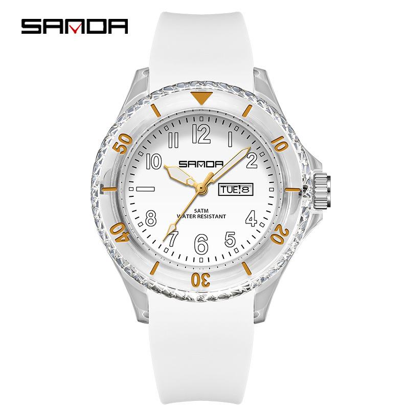 Sanda Student Sports Watch: Waterproof Quartz with Double Calendar, Transparent Case - Fashionable and Personalized for Kids.