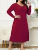 Spring New Arrivals Plus Size Dresses V-Neck Long Sleeve Solid Color Ear Trim Fashion Women's Clothing