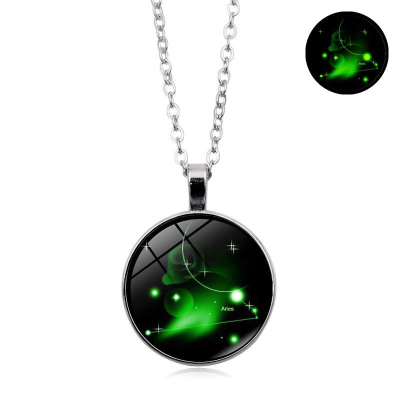 Glowing Zodiac Constellation Gemstone Pendant Necklace Vintage Versatile Sweater Chain Jewelry Accessory