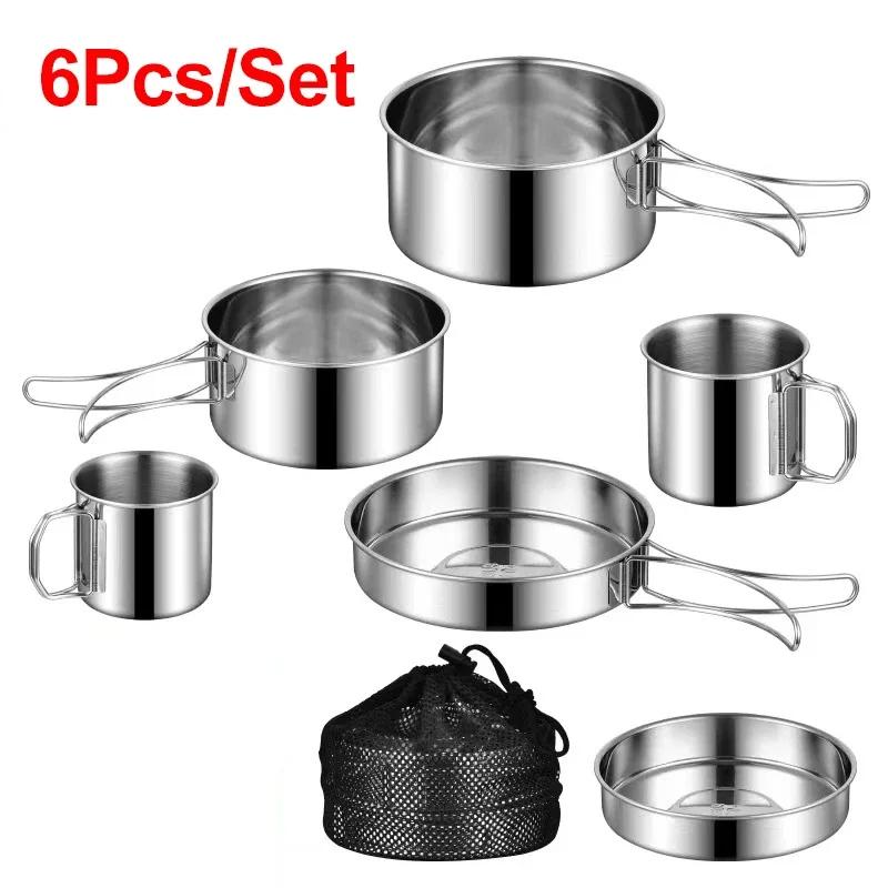 

Посуда для кемпинга из нержавеющей стали, набор для приготовления пищи на открытом воздухе, сверхлегкий горшок для пикника CampinHike, ложка, вилка, дорожные принадлежности для пикника 6pcs set