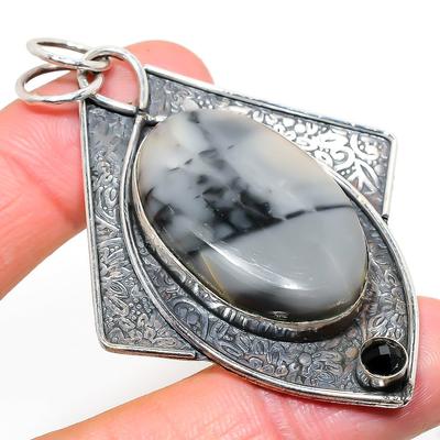 Natural Ocean Fume Agate, Spinel Gemstone 925 Sterling Silver Pendant 2.84" C6Z91