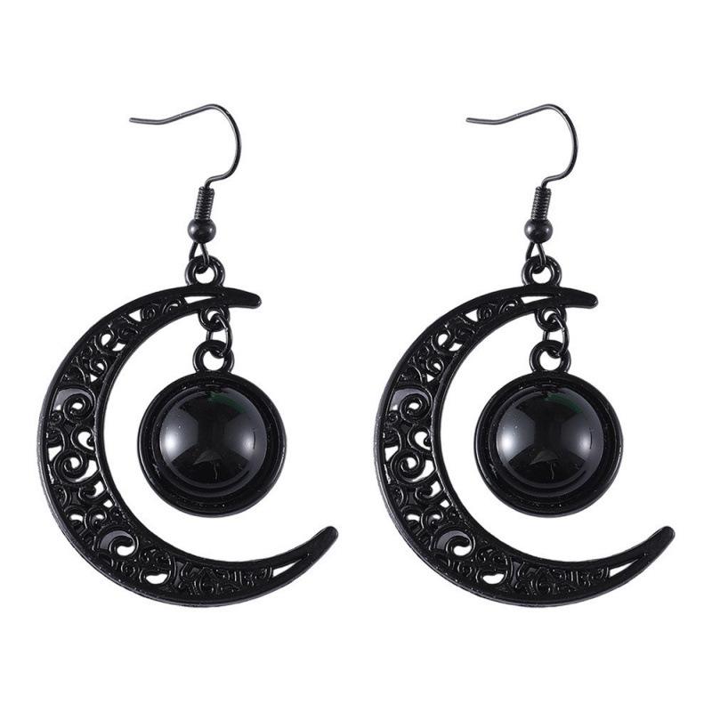 Gothic Black Moon Long Tassel Gemstone Earrings