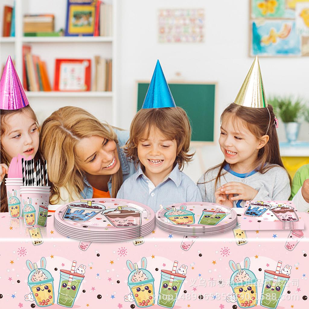Customized Milk Tea Theme Party Decorations, Disposable Paper Plates, Paper Cups, Paper Towels, Tablecloths, Tableware Sets