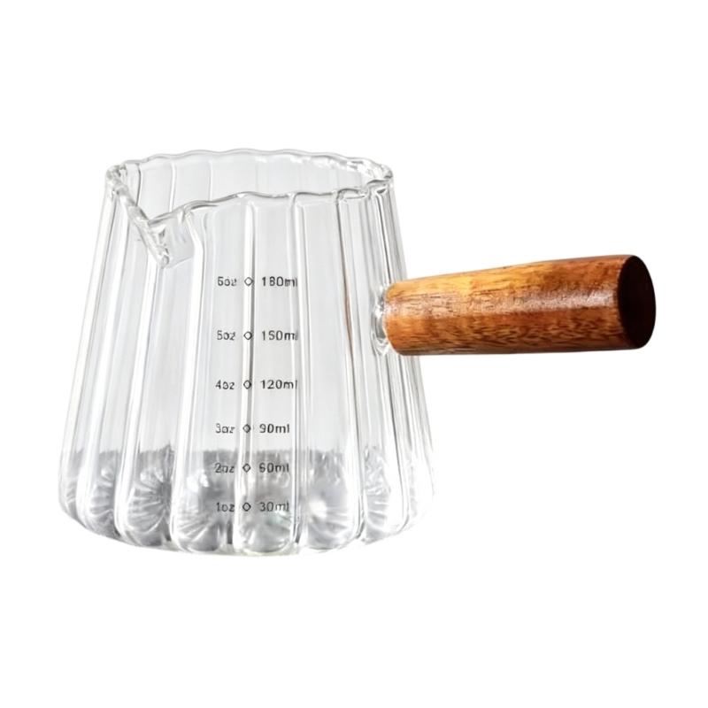 Glass Milk Frothing Cup 180Ml with Wooden Handle Double Measurement Lines and Pour Spout Espresso Shot Glass for Coffee Station Kitchen Tasks