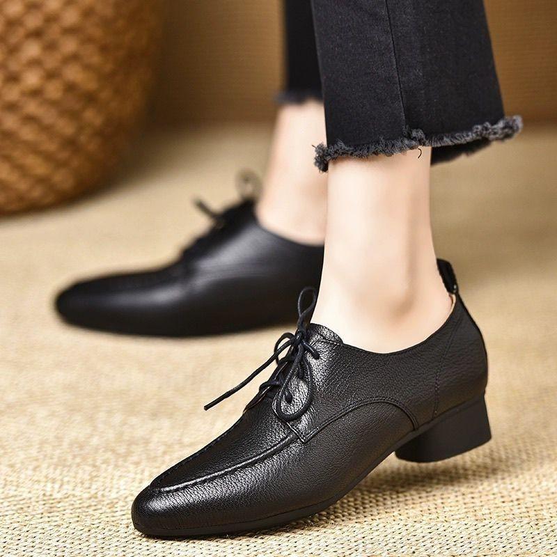 2024 Plus Size 43 Retro Black Office Lady Shoes Women Spring Summer Block Heels Vintage Pointy Toe Lace-up Pumps