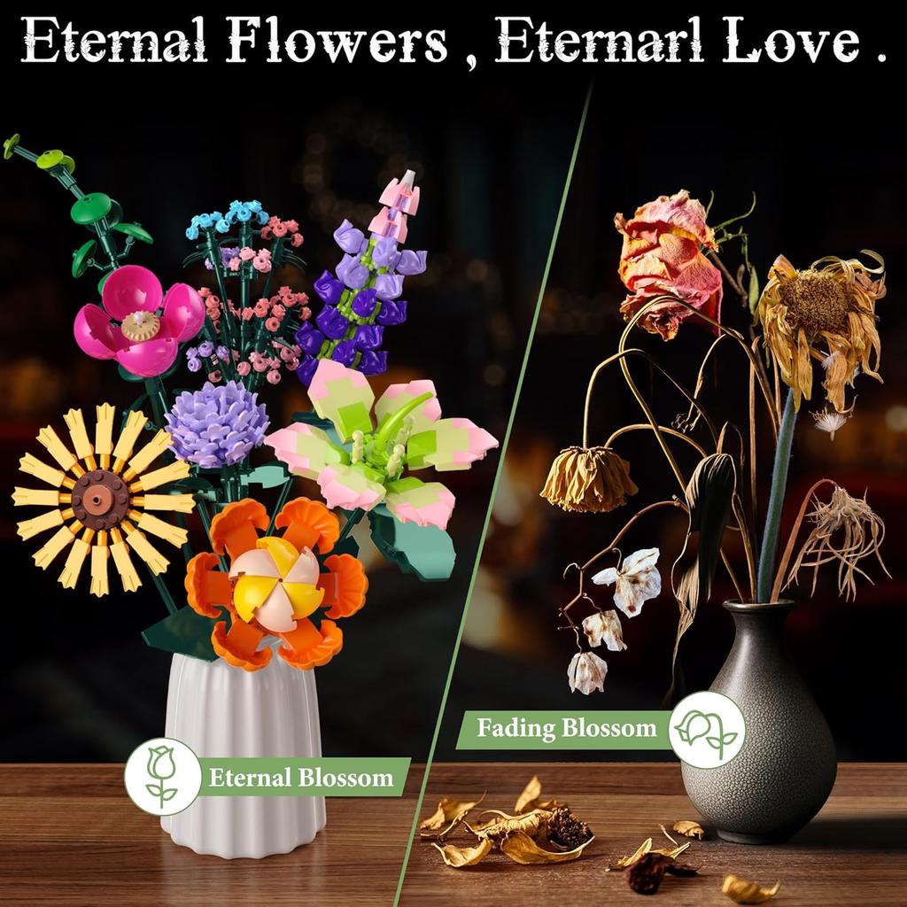Flowers Bouquet Building Set, DIY Home Offic Botanical Bouquet Decoration Kit, Creative Gift for Women, Girls, Kids, Adults - Great for Birthdays,