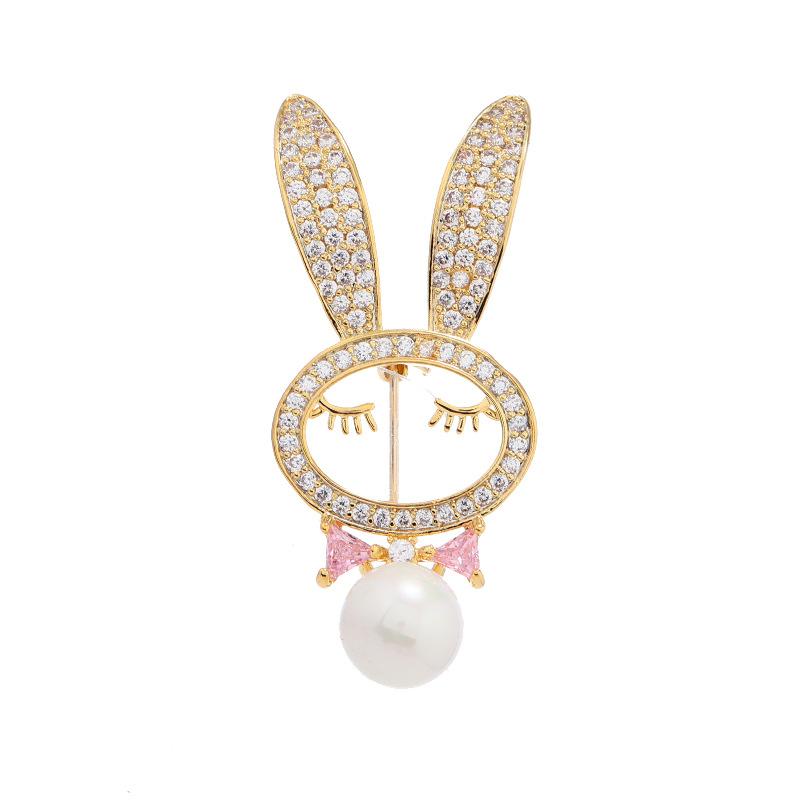 Micro-set Crystal Zircon Rabbit Brooch Women's Niche High-end Zodiac Rabbit Pearl Pin High-end Suit Accessories Trend