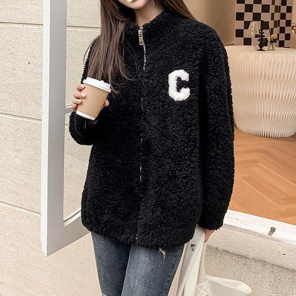 Autumn and winter casual wear double-sided coral fleece cardigan jacket fleece thickened stand-up collar loungewear embroidered sweater women