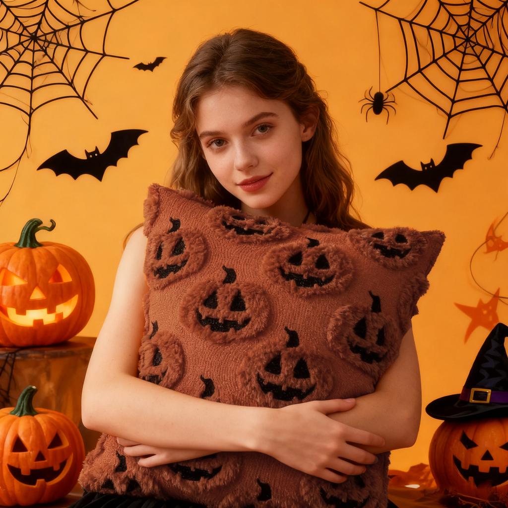 2Pcs Halloween Funny Face Pumpkin Pillow Covers Soft Throw Pillow Covers Plush Couch Cushion Case Home Decorations Holiday Gifts