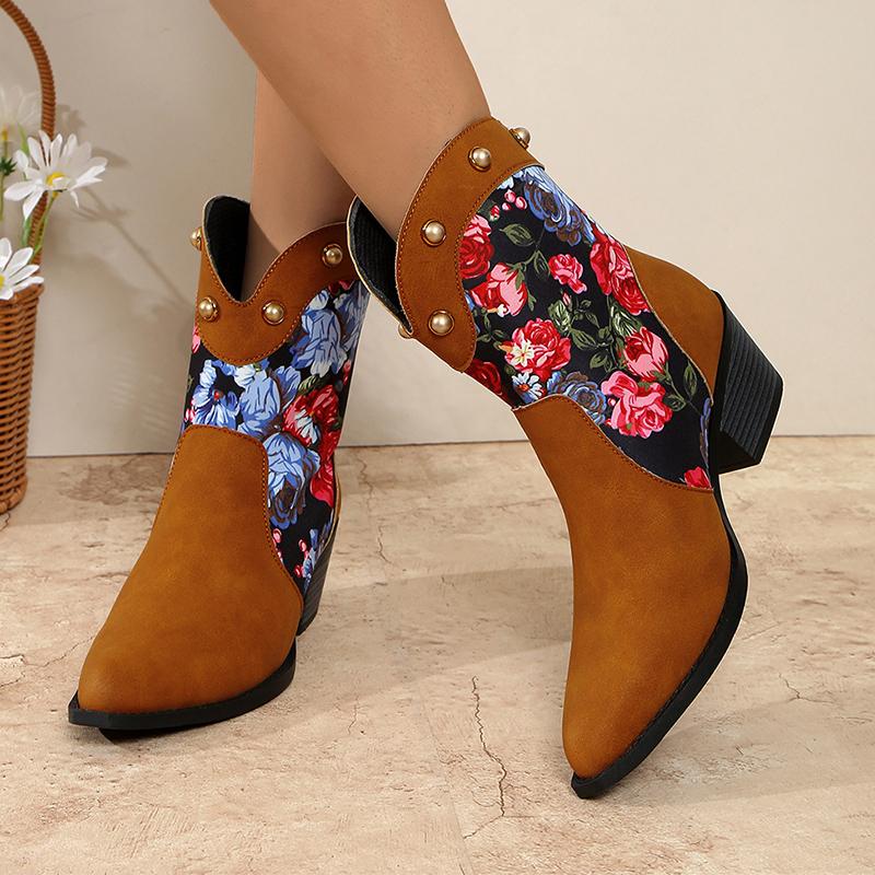 fashion Trendy Multi-Coloured Patchwork Print Women Ankle Boots Metal Rivet Decoration Pointed Toe Women's Boots Winter New Ladies Boots