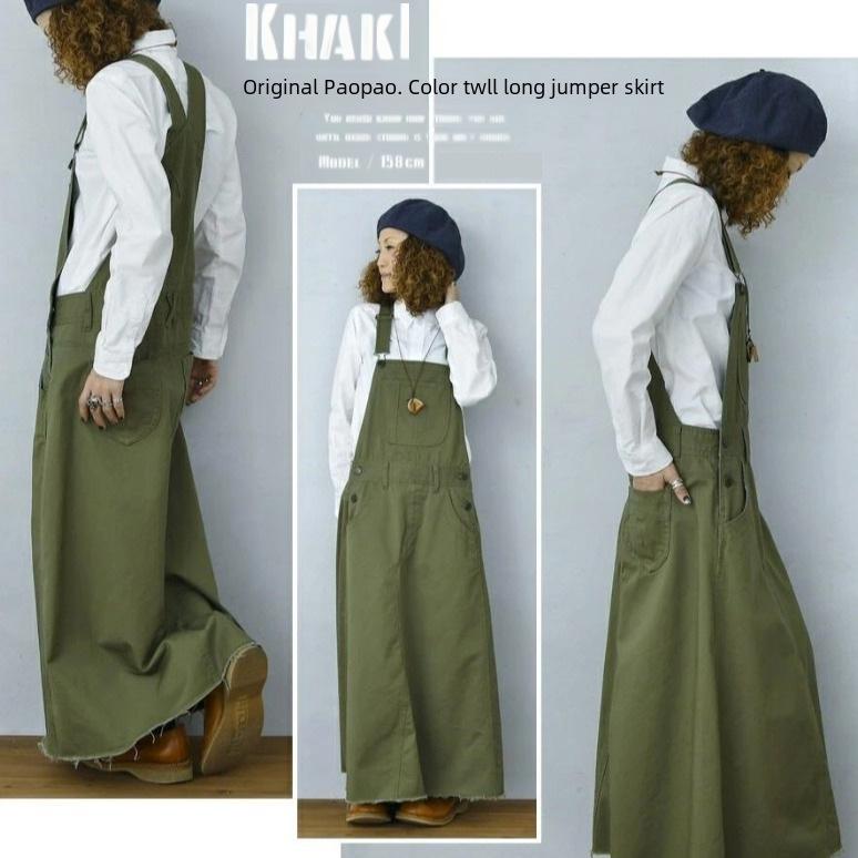 2024 Damen Koreanischer Stil Militärgrün Trägerkleid mit Taschen