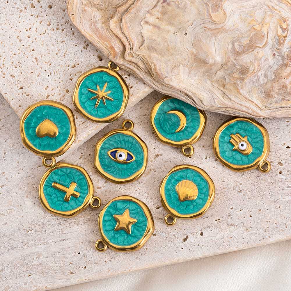 4-8pcs Stainless Steel Enamel Star Heart Eye Shell Sun Round Random Charm Base Anklet Pendant DIY Earring Necklace Jewelry Makin