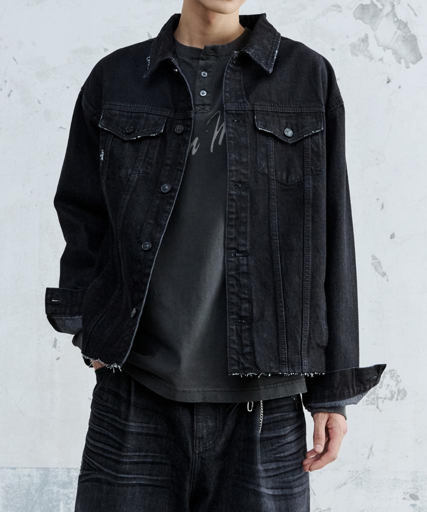 Maison Mined Cut Out Denim Trucker Jacket Black