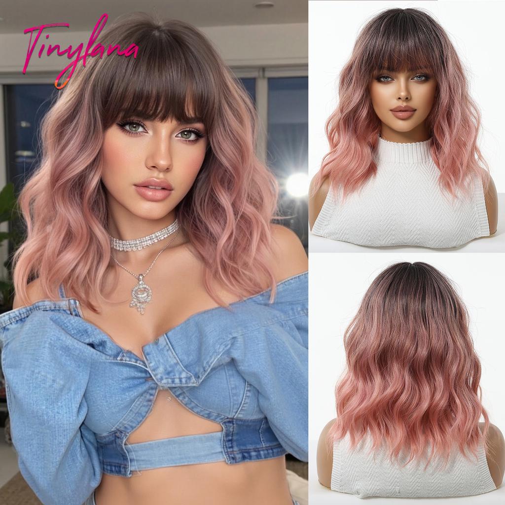 Pink Purple Mixed Blue Curly Wavy Synthetic Wigs with Bangs for Women Colorful Party Cosplay Natural Hair Wig Heat Resistant Use