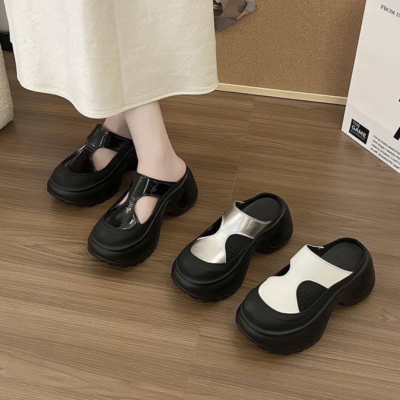 Baotou half slippers for women to wear spring and summer new soft leather thick-soled casual height increase lazy pedal cool slippers