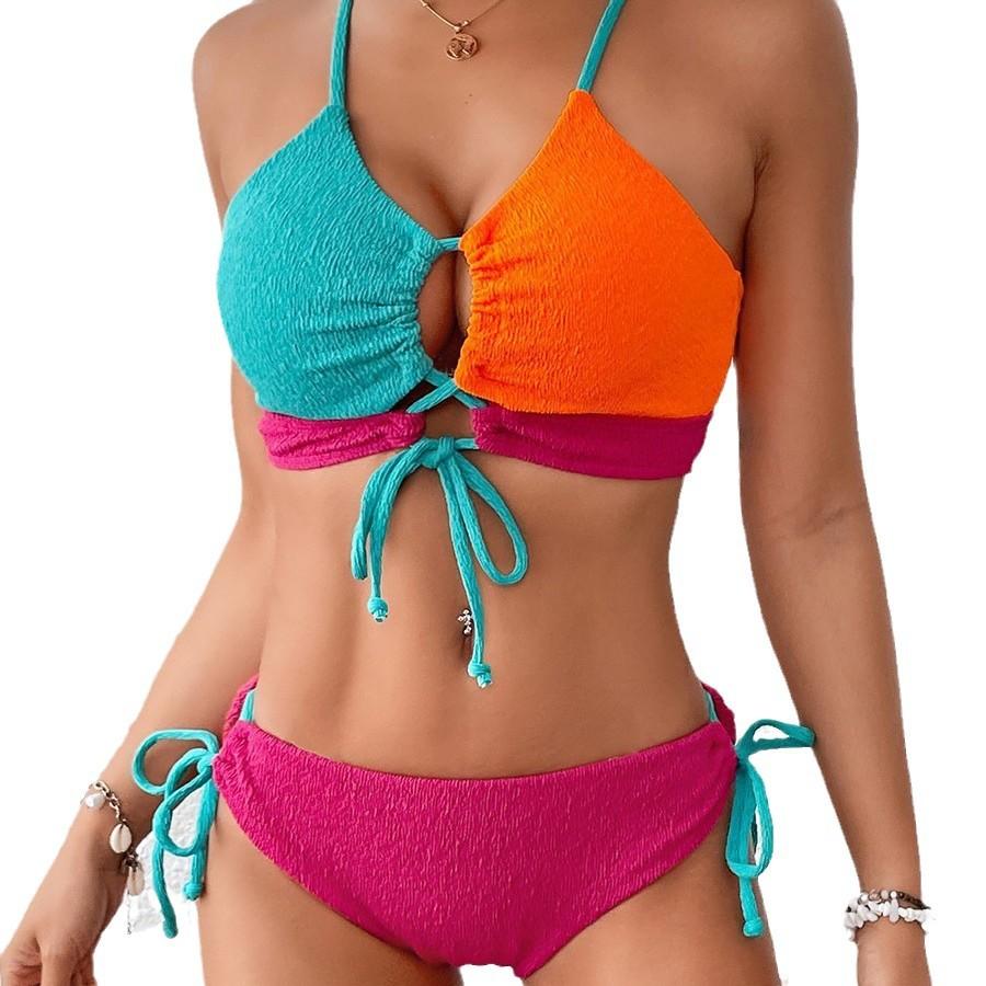 Multi-color 1011 New Bikini Women's Contrasting Color Sexy Cross Suspender Drawstring Three-point Split Swimsuit