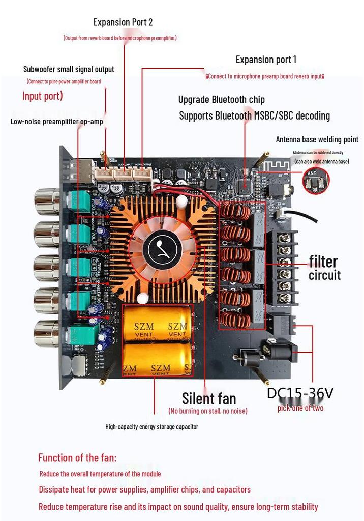 HT21-II 2.1 Channel Bluetooth Digital Amplifier Board with TDA7498E, Tone, and Bass.